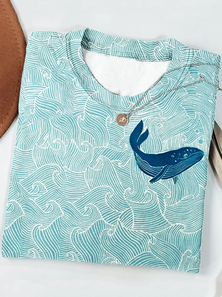 Whale & Waves Lino Art Crew Neck Comfy T Shirt