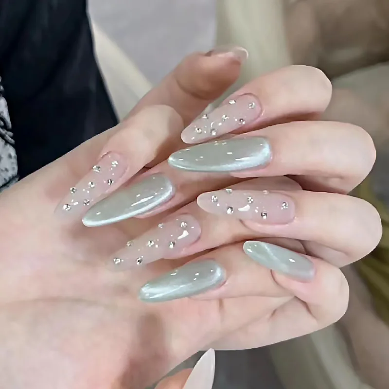 Lidudu 30Pcs Wine Red Fake Nails With Gradient Print Design Long Stiletto False Nails Wearabe Almond Press on Nails Full Cover Tips