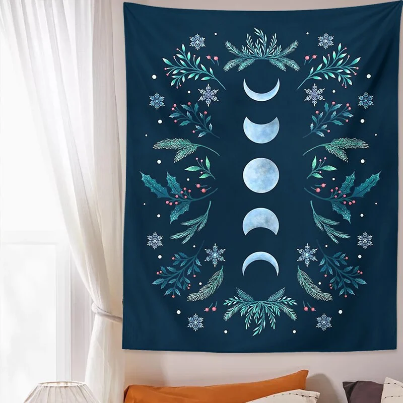 Vintage Moon Phase Wall Hanging Tapestry Mooonlight Green Olive Leaf Black Tapestries Boho Room Art Home Decoration Accessories