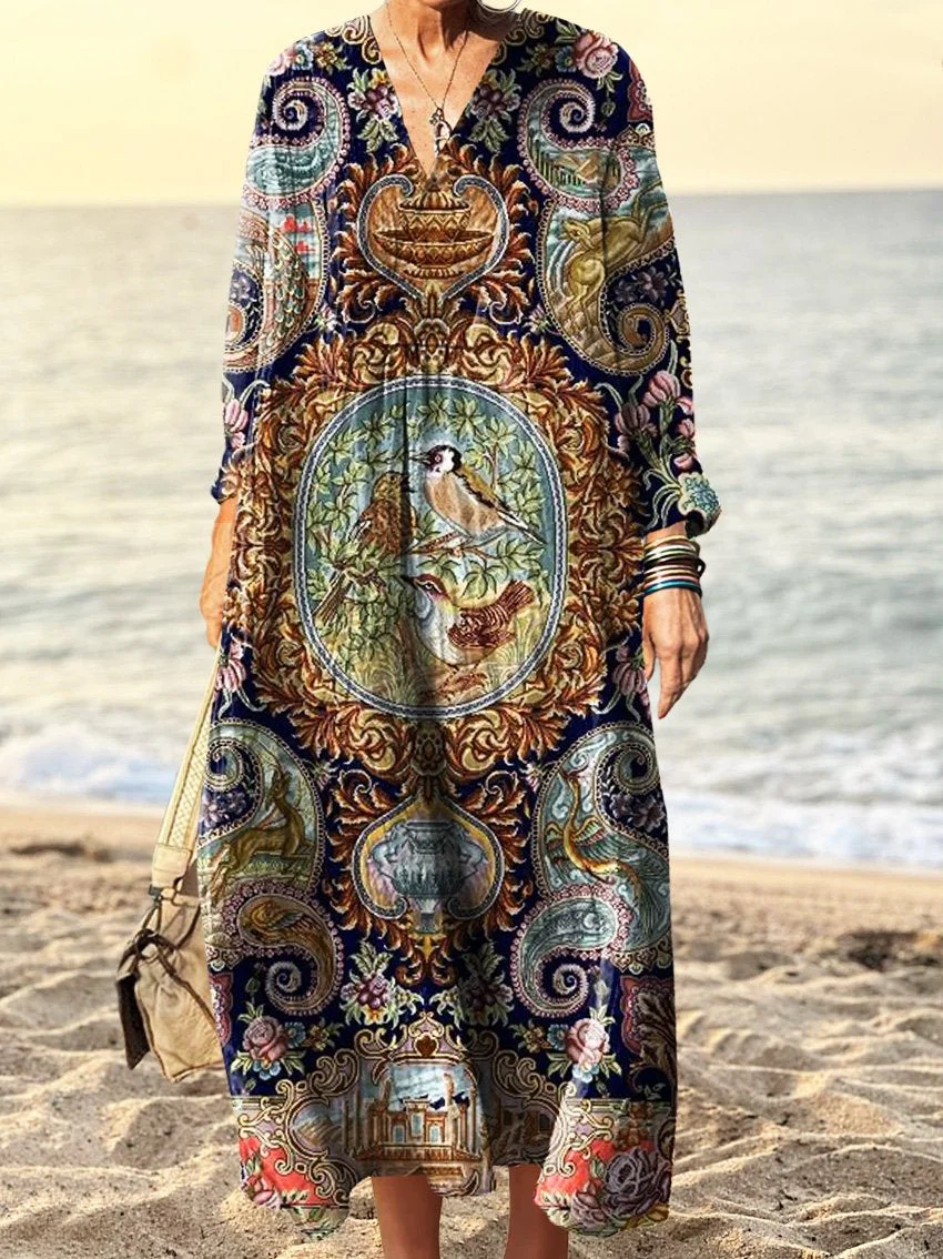 Women's Vintage Bird Art Print V Neck Long Sleeve Dress
