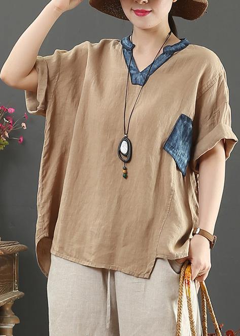 VCSHOES v neck pockets linen shirts women Cotton khaki blouses
