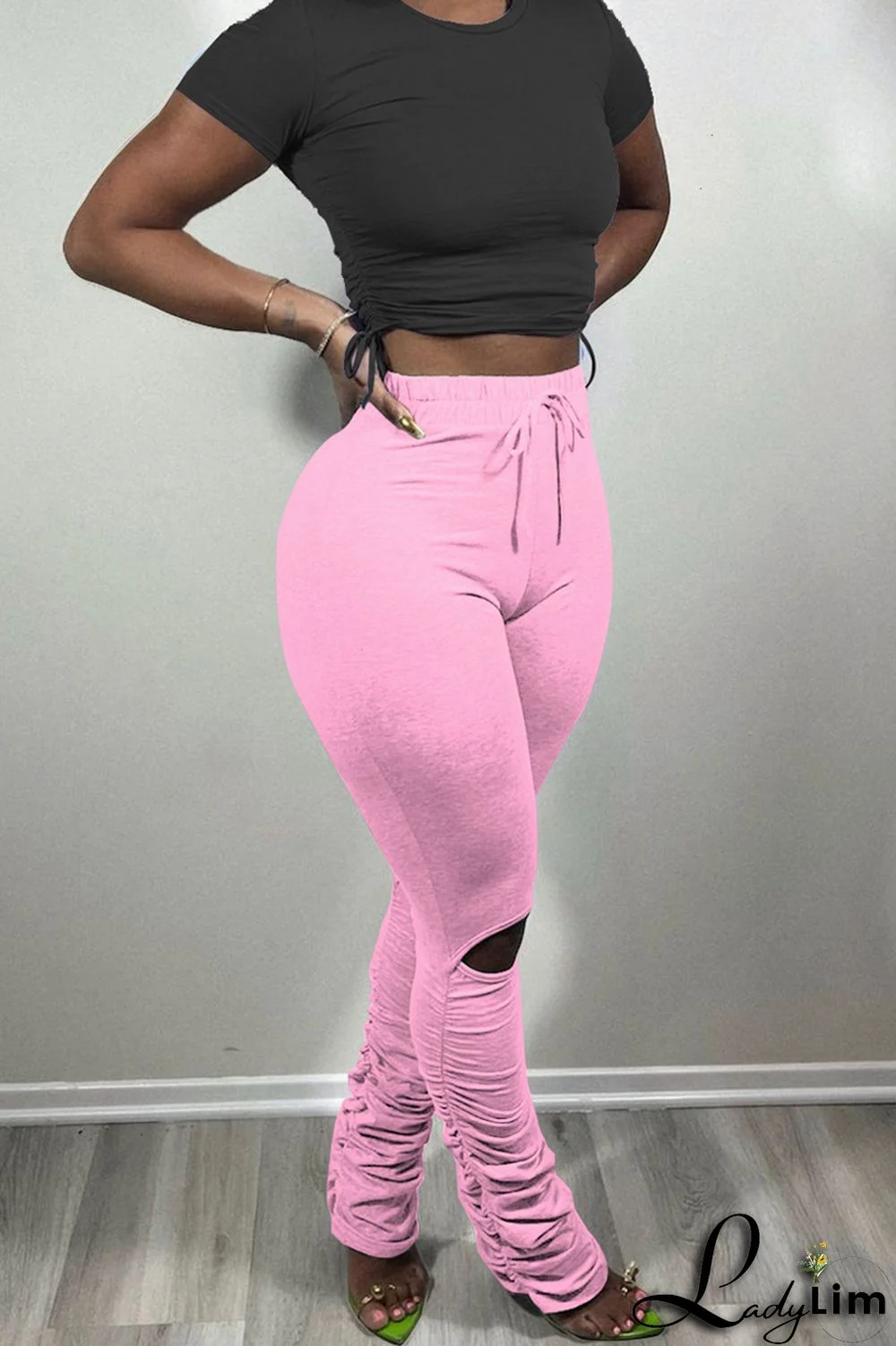 Pink Fashion Casual Solid Ripped Fold Skinny High Waist Trousers