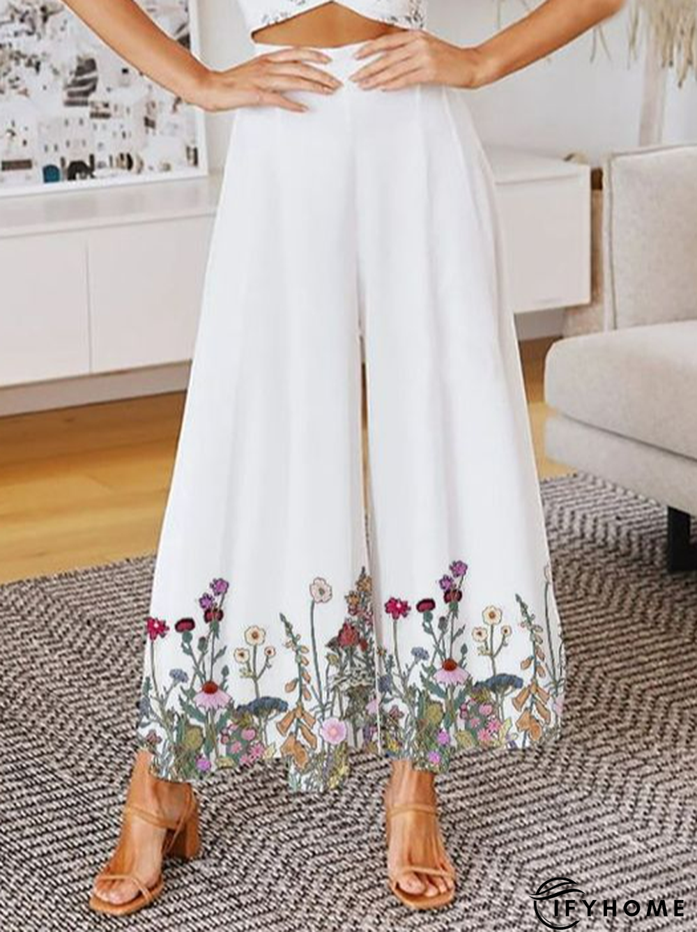 Women Summer High Waisted Floral Elastic Waist Daily Wide Leg Pants | IFYHOME