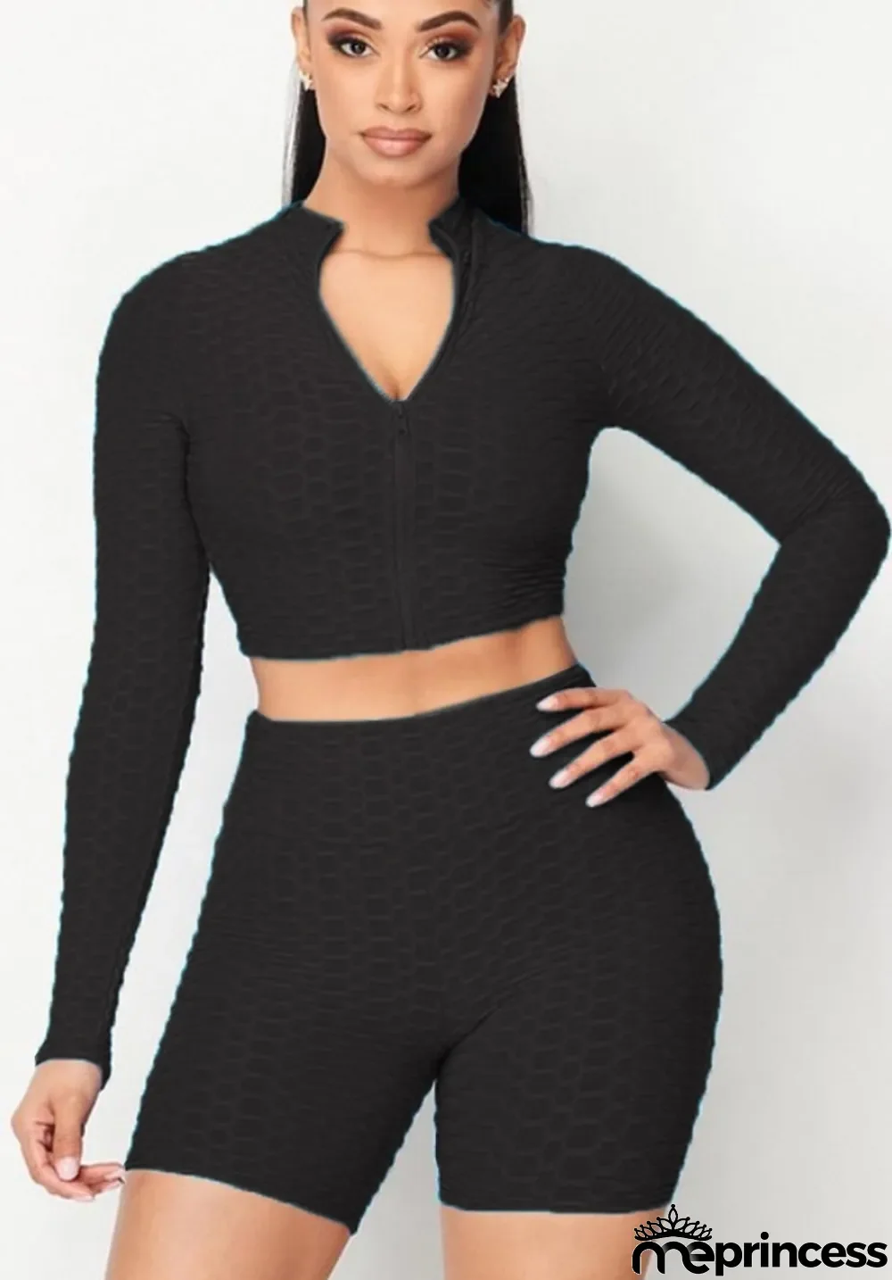 Summer Black Waffle Long Sleeve Crop Top and Biker Shorts 2PC Set