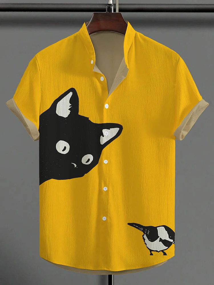 Men's Cat And Bird Prints Button Linen Blend Shirt