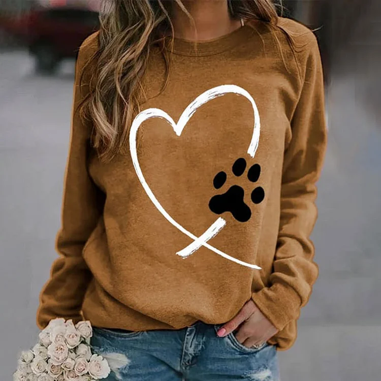 Wearshes Heart Dog Paw Print Crew Neck Sweatshirt