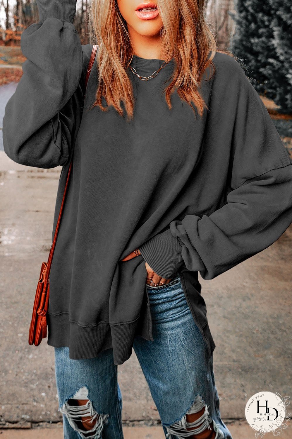 Dropped Shoulder Round Neck Long Sleeve Blouse