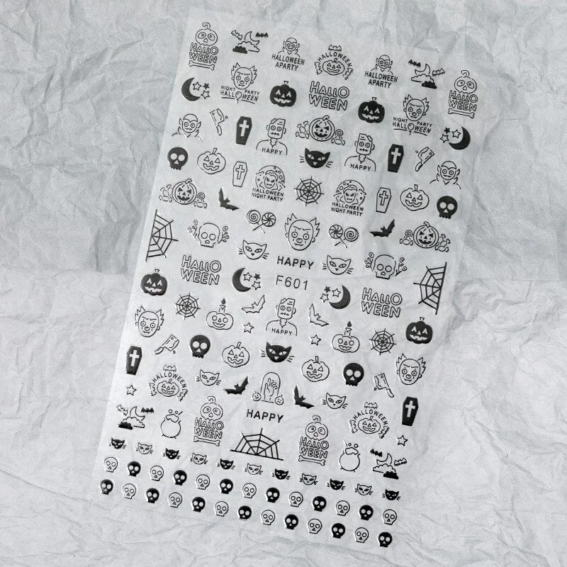 Halloween Nail Art Stickers Laser Black and White Skull Bat Spider Web Pumpkin Sticker Designer 3D Manicure Art Decals 9*16CM