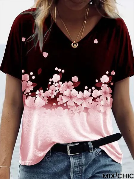 Casual Short Sleeve Floral-Print Tops