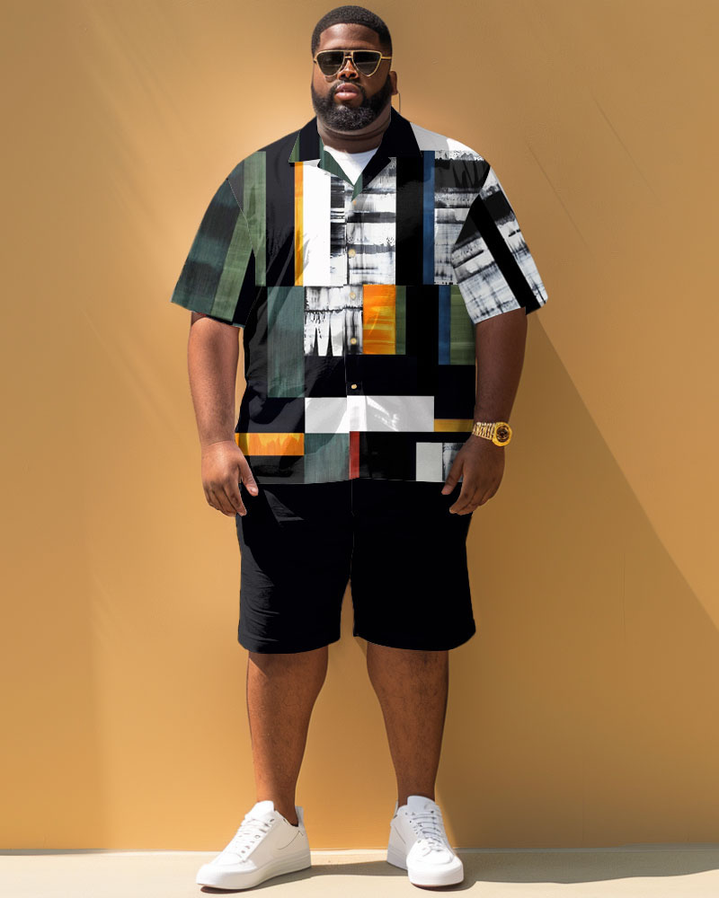Men's Plus Size Simple Casual Color Block Patchwork Printed Shirt Shorts Suit