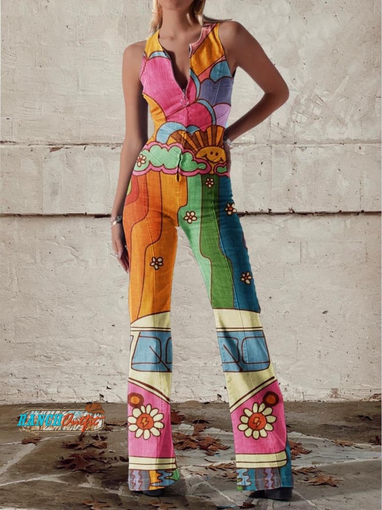 Women’s Vintage Hippie Camper Van Print Casual Denim Jumpsuit Multicolor / Xs
