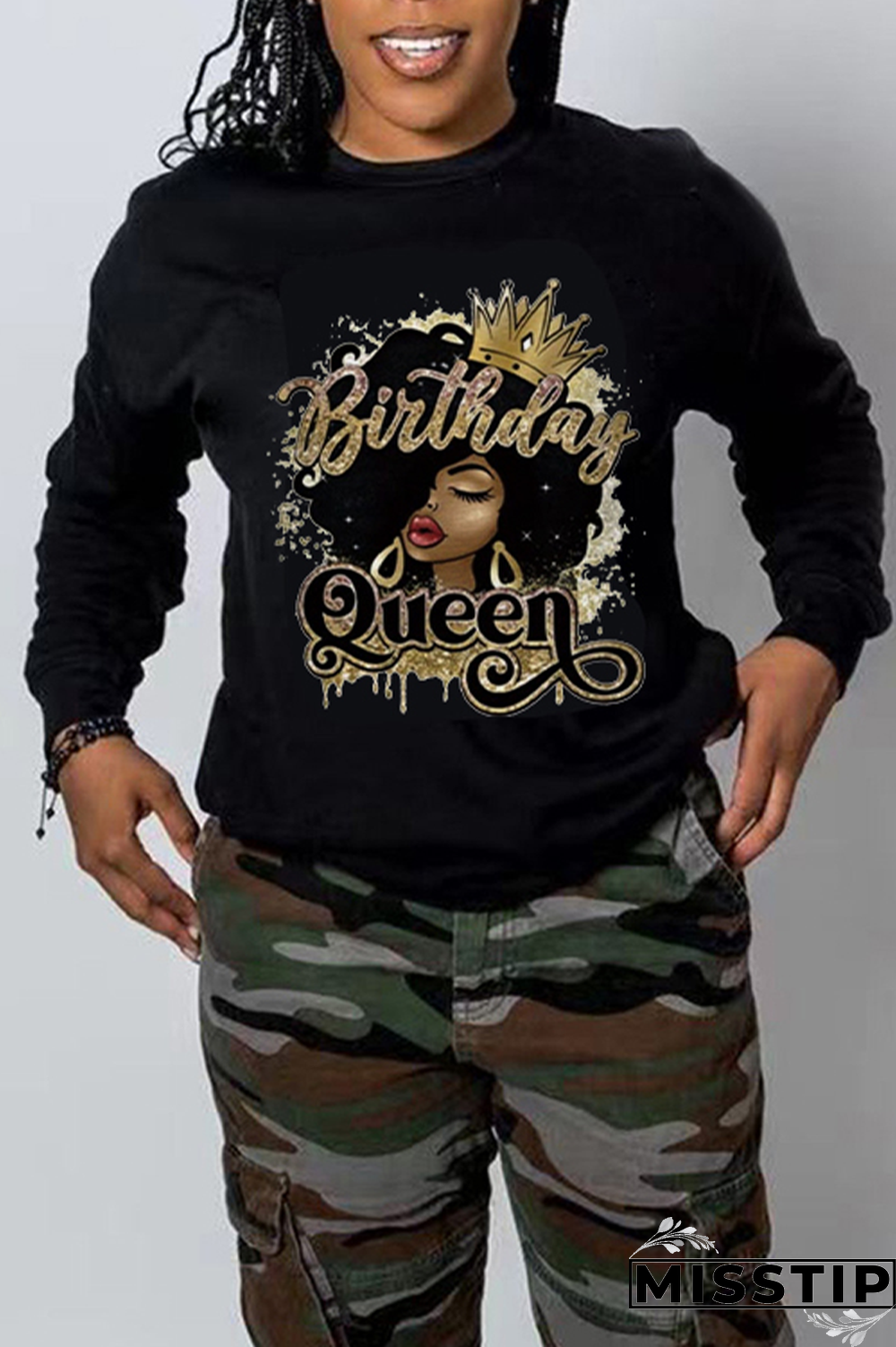 Black Street Vintage Print Patchwork O Neck Tops