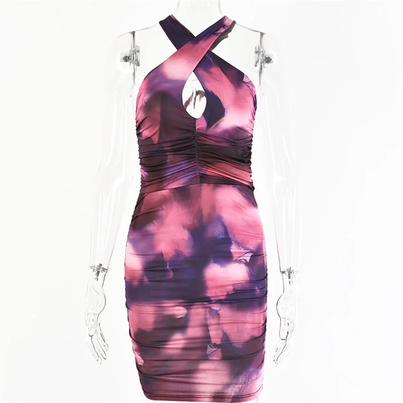 Tie-Dye Halter Dress For Women Summer Bodycon Party Night Vestidos Cross Lace Up Backless Mini Dress Ladies Slim Clubwear