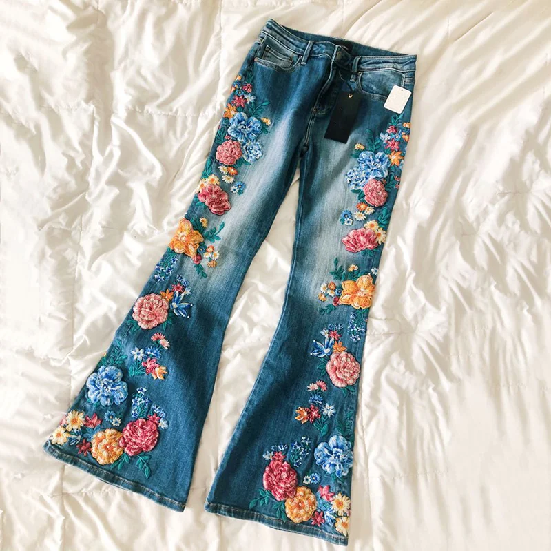 Vintage Japanese Sakura Applique Embroidery Art Design Jeans
