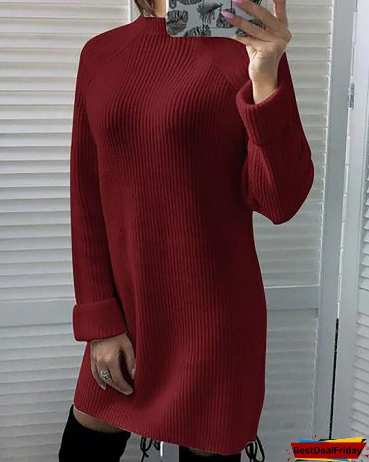 Womens Fashion High Collar Sweater Dress Long Sleeve Casual Knitted Dress