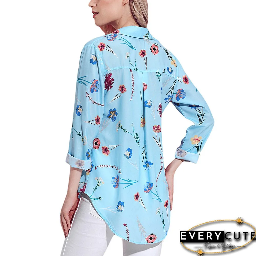 Light Blue Long Sleeve Floral Print Button Front Shirt