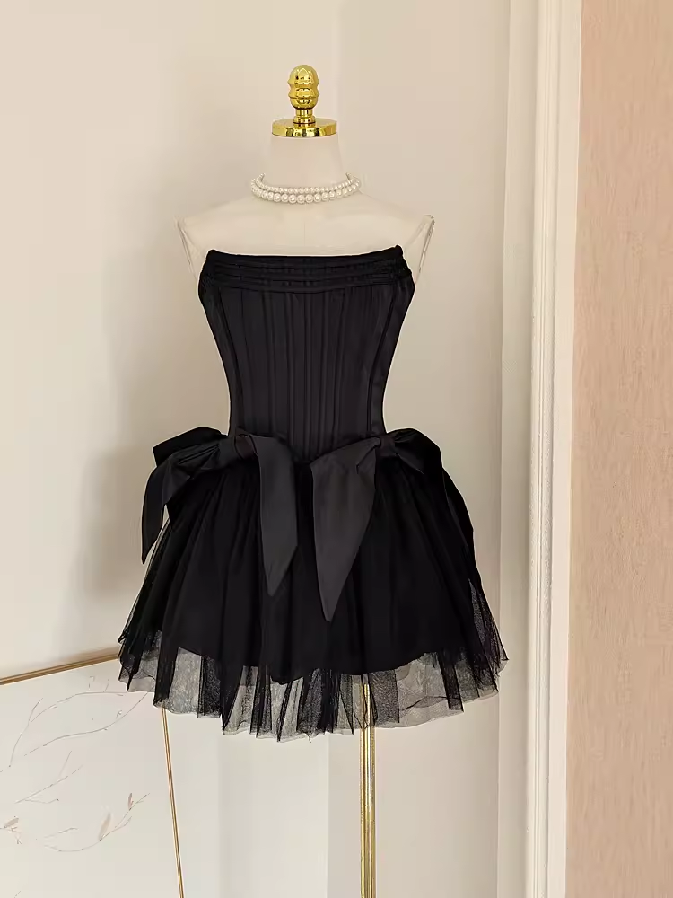 Aiertu - Cute A line Strapless Black Travel Vacation Dresses Short Satin Birthday Dress HOT147 Aiertu