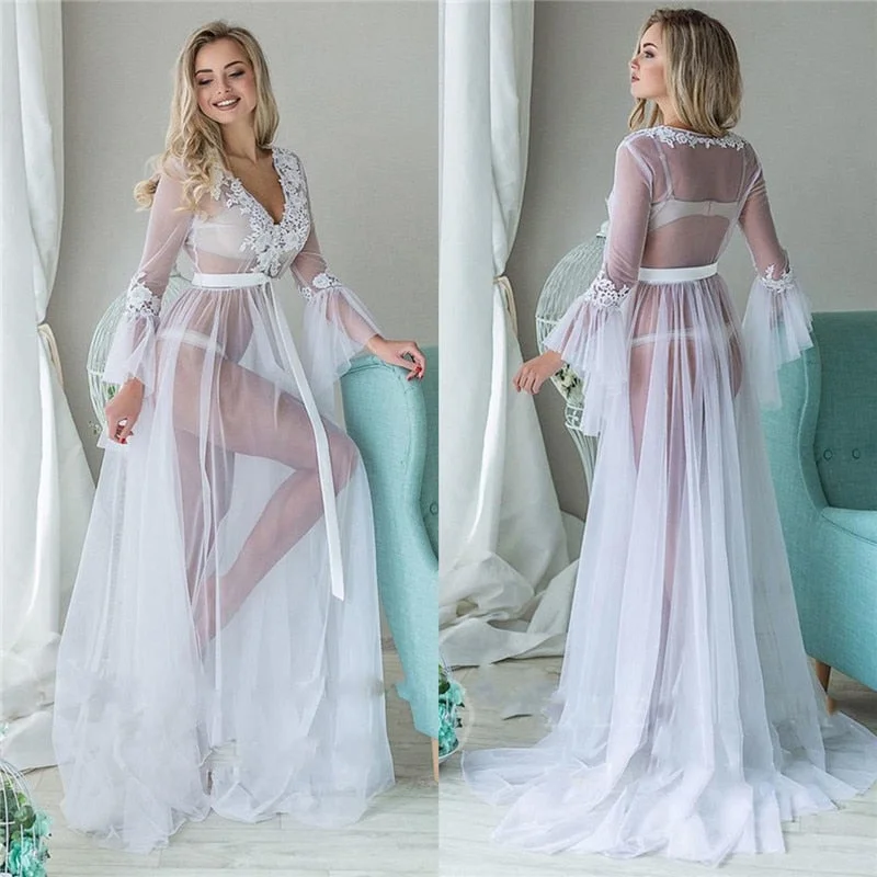 See-through Women Lace Bikini Cover-ups Dress Lace Applique V-Neck Long Bathrobe Female Swimwear Long Flare Sleeve Long Dress