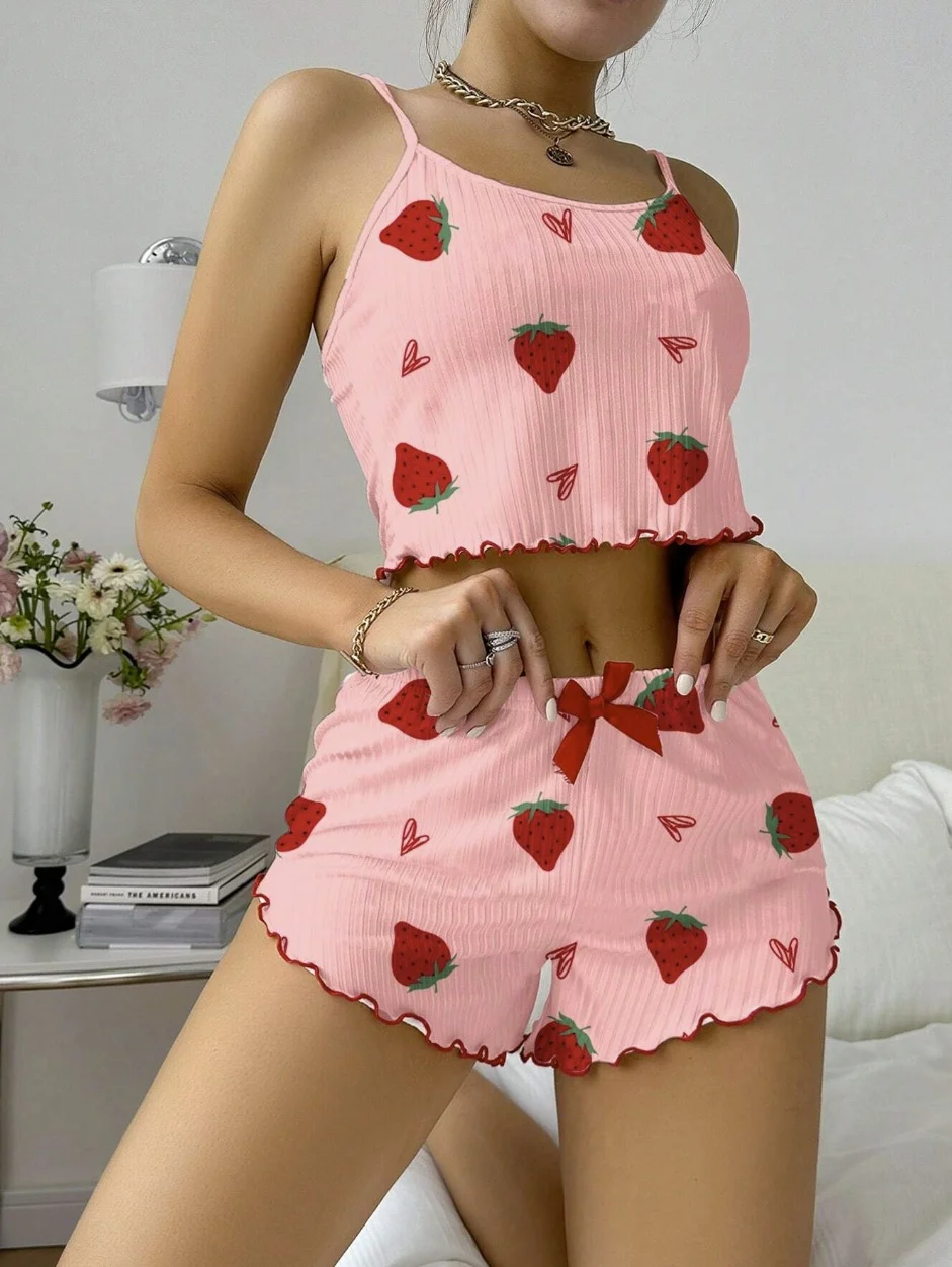 Uveng Strawberry Love Pajamas Women's Sling Vest Shorts Set Printed Homewear