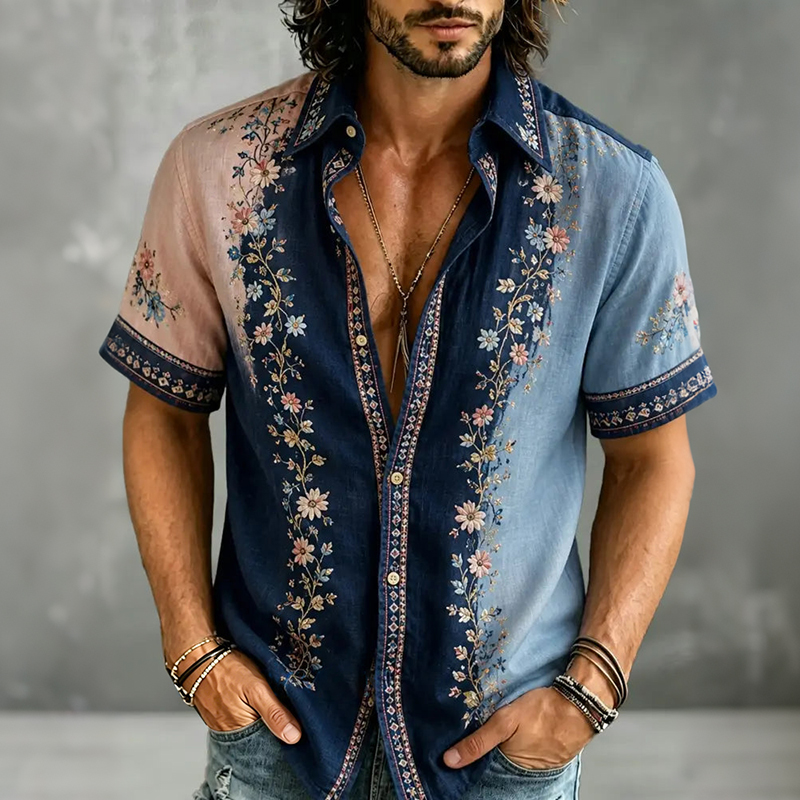 Men's Casual Retro Color-blocked Floral Short-sleeved Shirt  artssus