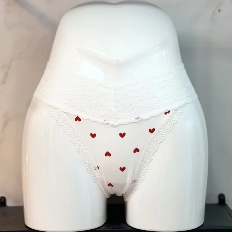 Athvotar Athvotar Breathable Cotton Splicing Lace T-Shirts Heart-Shaped Printed Cotton Lace Side Plus-Size Low-Rise T-Sants Ladies Trousers