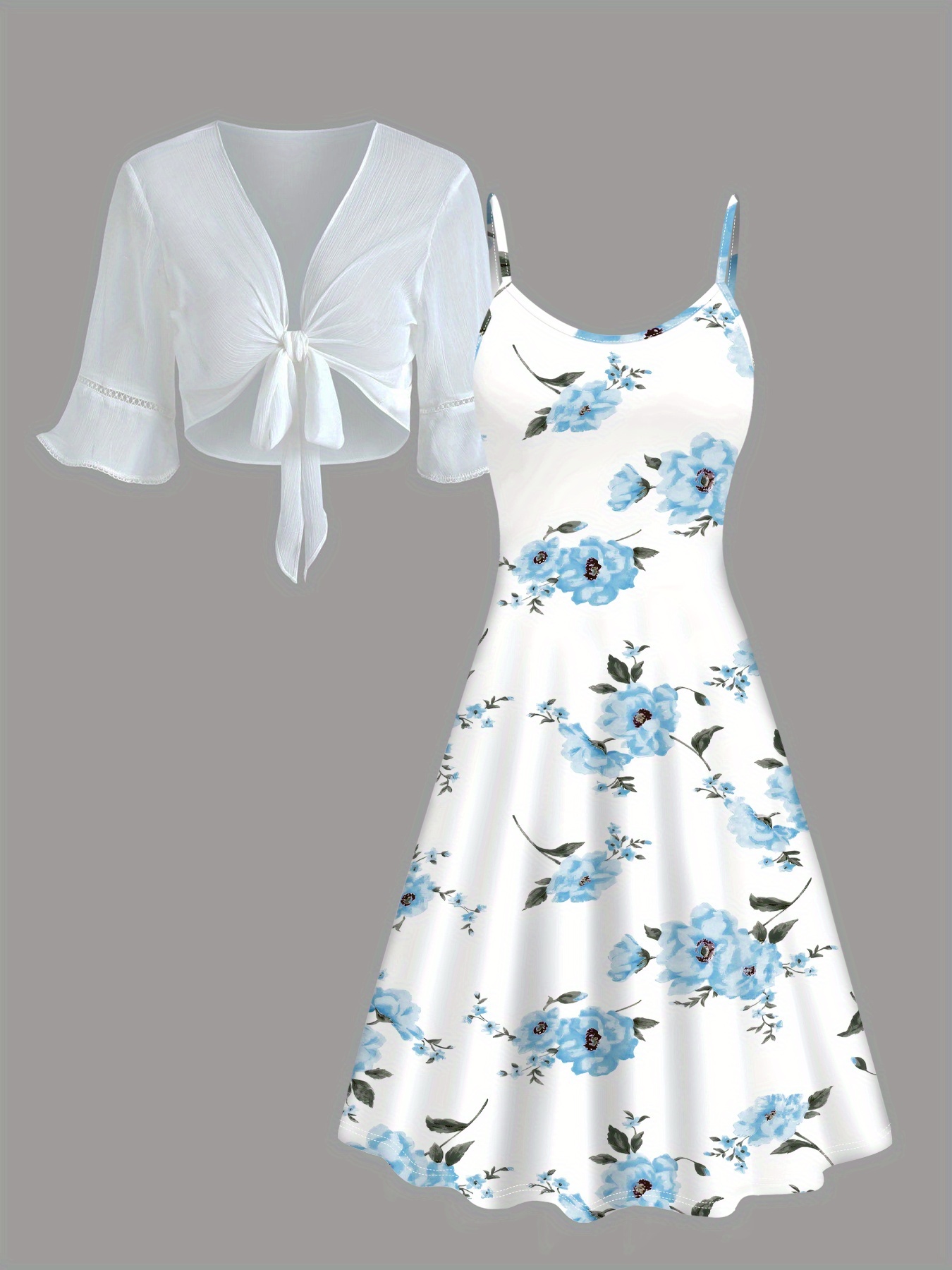 [Floral Print Two-Piece Set] Polyester Lightweight Floral Print Two-Piece Set - Women's Elegant Suspender Dress & Semi-Sheer Top, White with Blue Floral Design, Short Sleeve, Round Neck for Spring/Summer