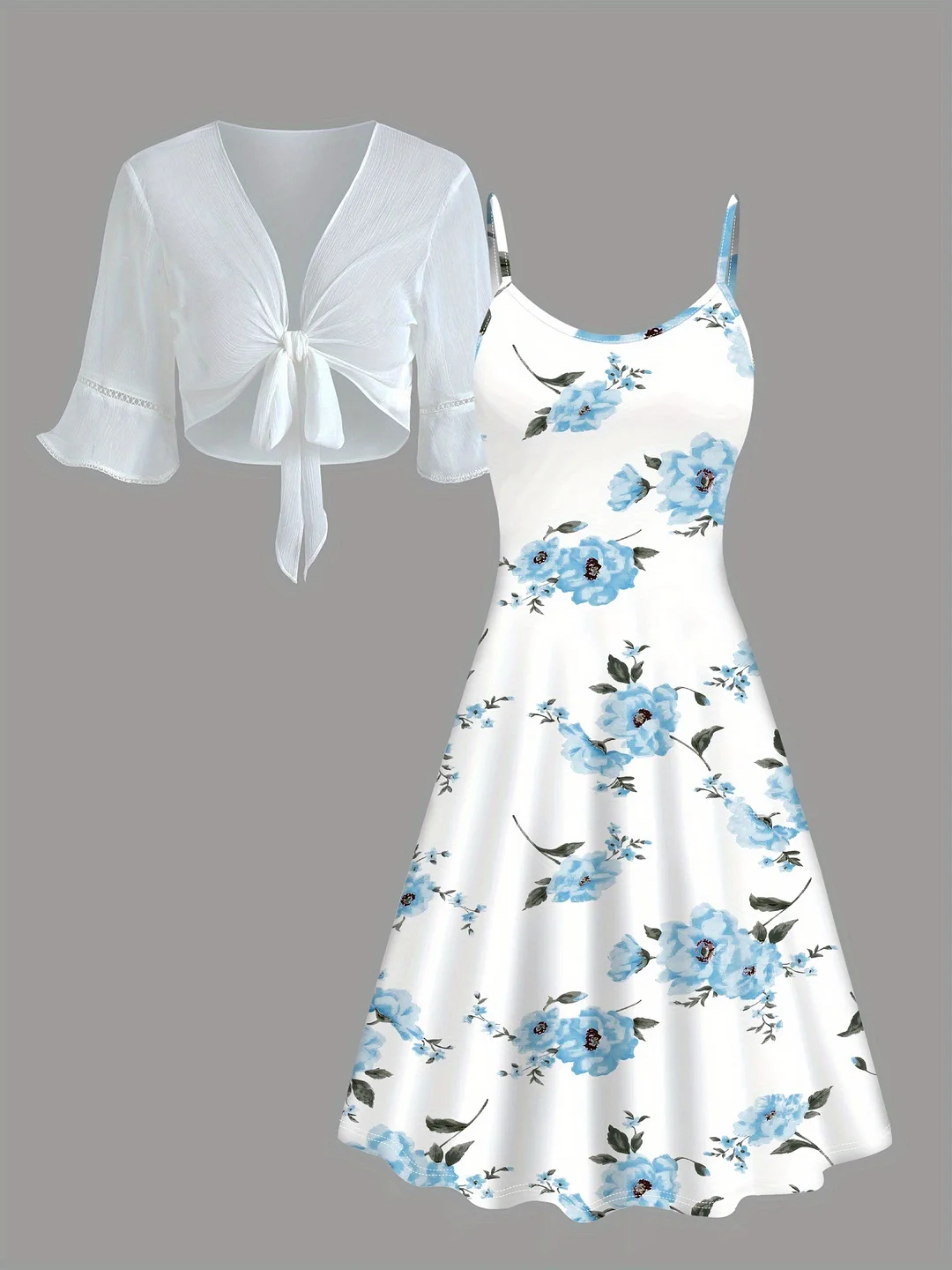 [Floral Print Two-Piece Set] Polyester Lightweight Floral Print Two-Piece Set - Women's Elegant Suspender Dress & Semi-Sheer Top, White with Blue Floral Design, Short Sleeve, Round Neck for Spring/Summer