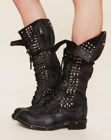 VCSHOES Western Style Women Boots Black/ Brown Rivets Chunky Heels Botas Round Toe Shoes Genuine Leather Motorcycle Boots