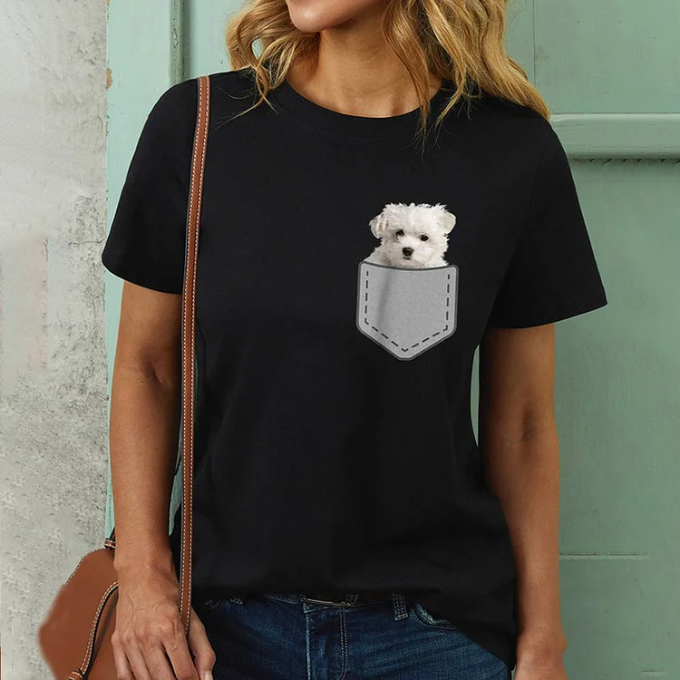 Wearshes Simple Pocket Dog Print Casual T-Shirt