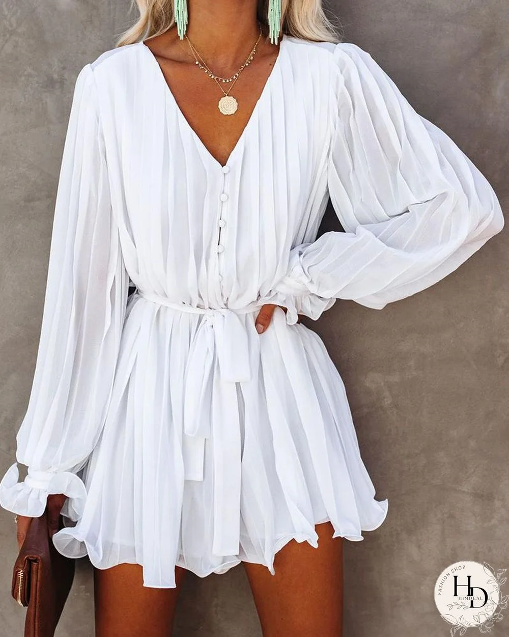 KarliDress V-neck Pleated Loose Mini Dress P12893