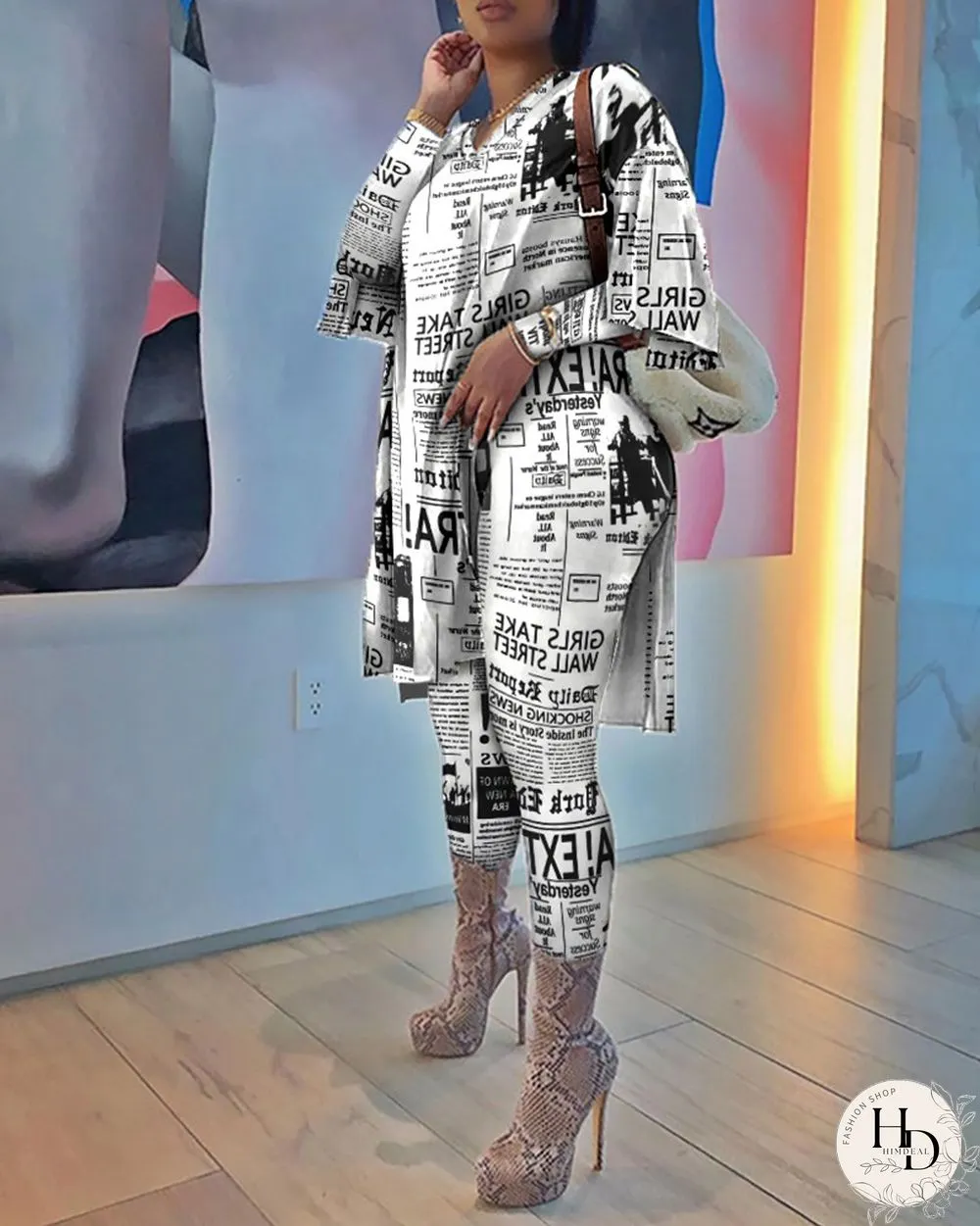 Newspaper Print Side Slit Top & Skinny Pants Set
