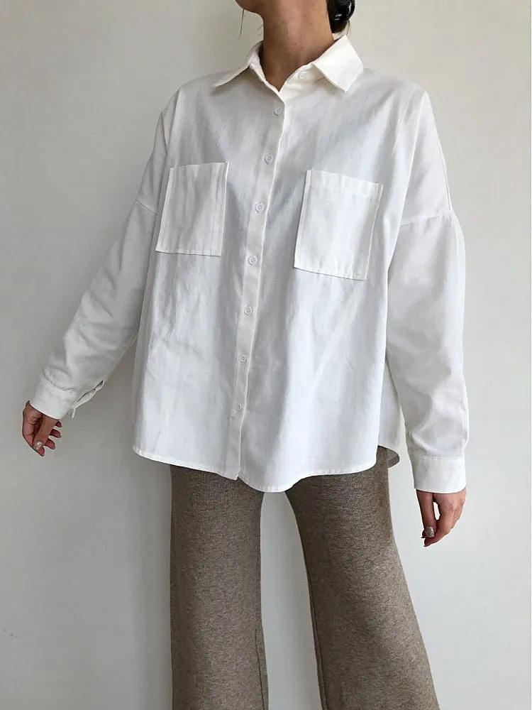 New Spring Double Pockets Turn-Down Collar Cotton Womens Blouse Casual Loose Female Tops