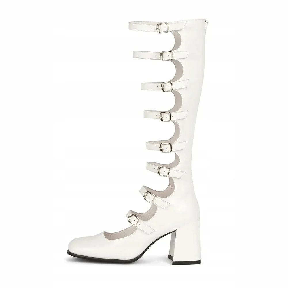 White Square Toe Buckle Cut Out Knee High Mary Jane Heels with Zipper
