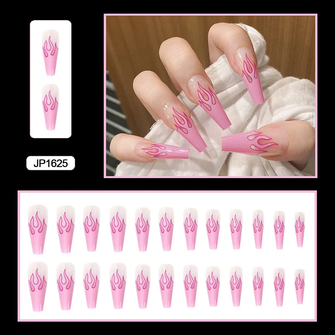 24PCS False Nails with Glue Rhinestones Long Detachable Fire Stick on Nails Coffin Flame Press on Nails Art DIY Manicure Tool-Nail Inspo