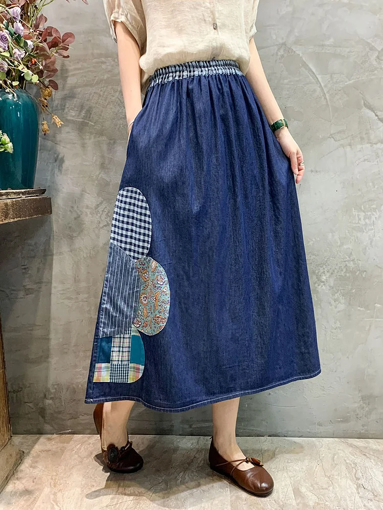 Women Artsy Summer Patch Spliced Denim Skirt