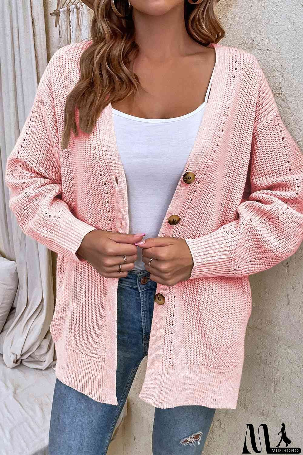 MidiSono - V-Neck Openwork Long Sleeve Cardigan