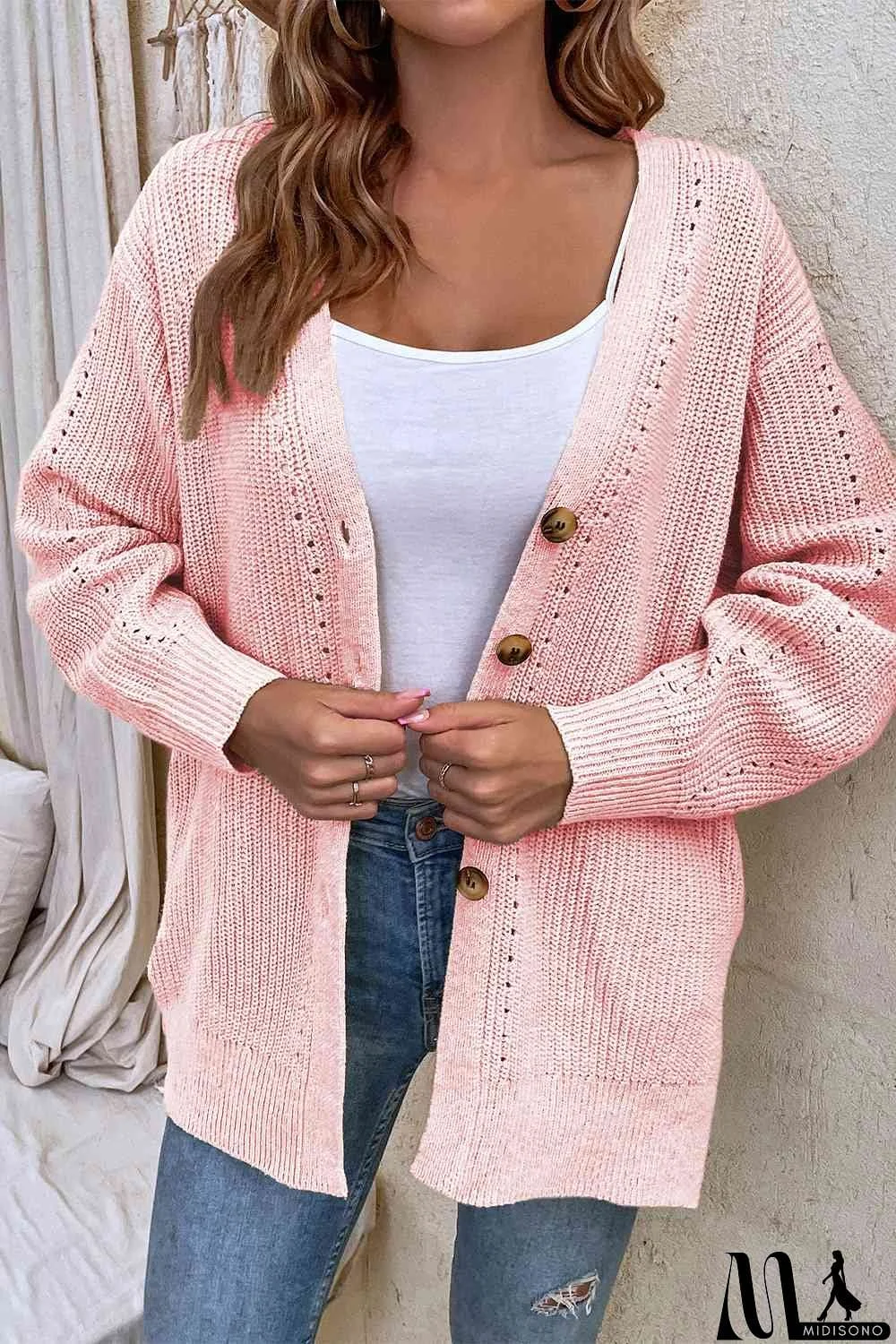 MidiSono - V-Neck Openwork Long Sleeve Cardigan