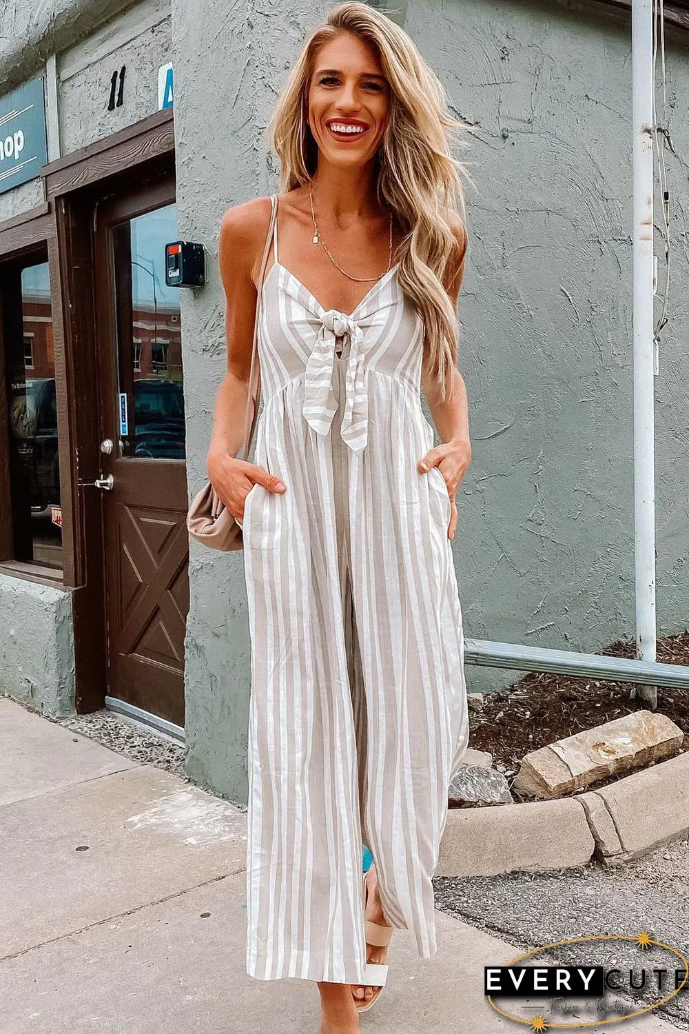 Front Knotted Striped Cropped Jumpsuit