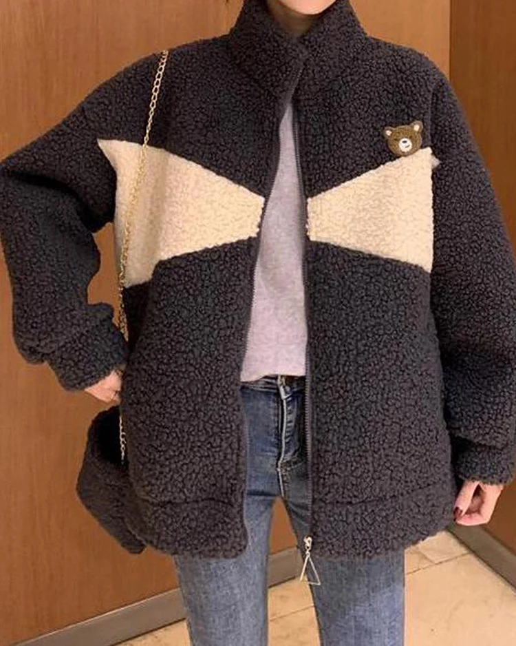 Bear Stand Collar Zip Fuzzy Jacket