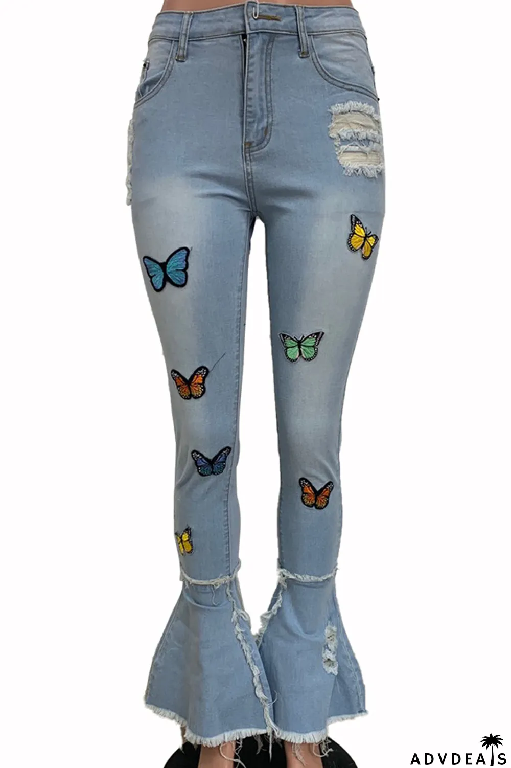 Deep Blue Casual Butterfly Print Patchwork Boot Cut Denim Jeans