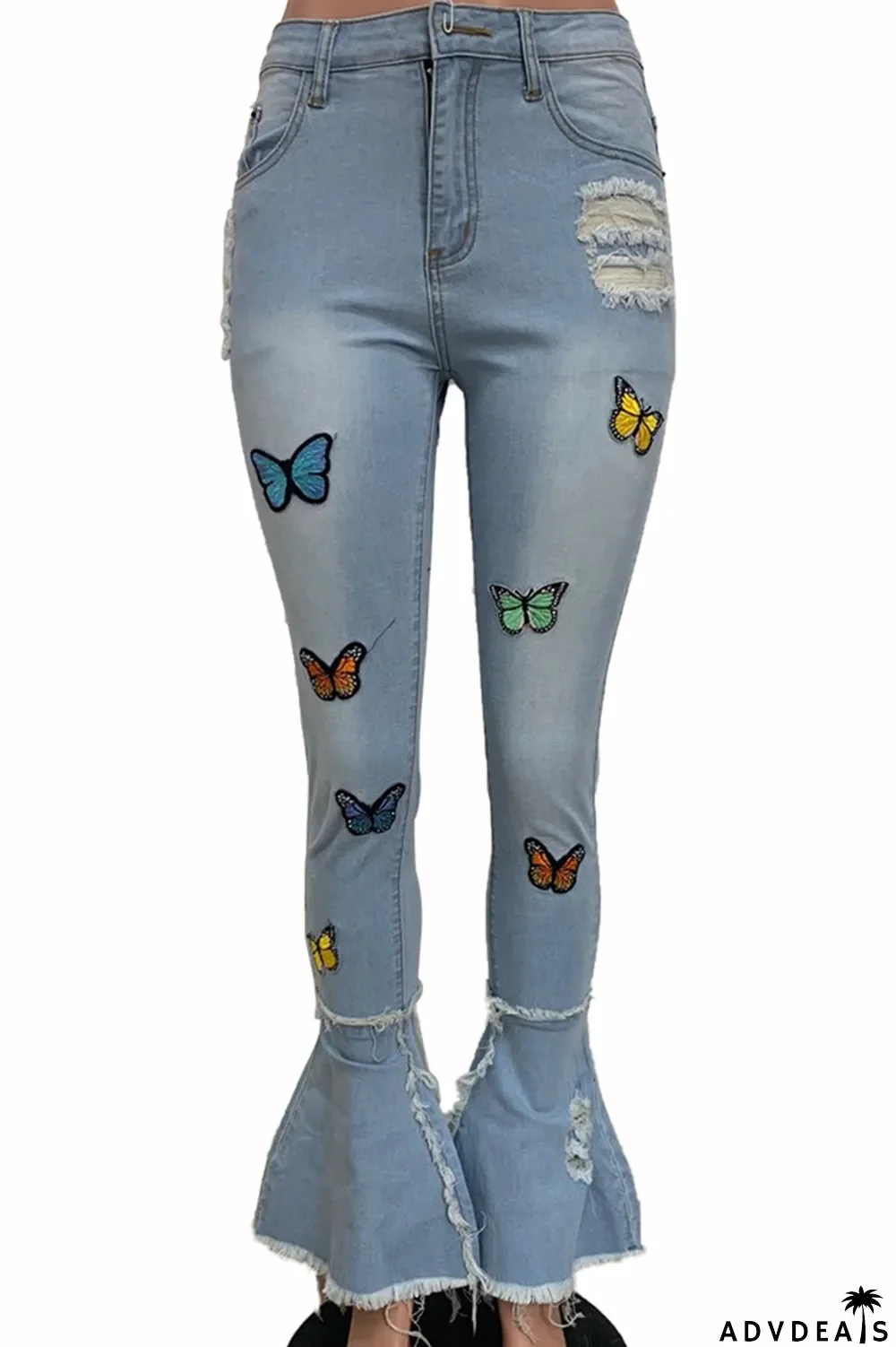 Deep Blue Casual Butterfly Print Patchwork Boot Cut Denim Jeans