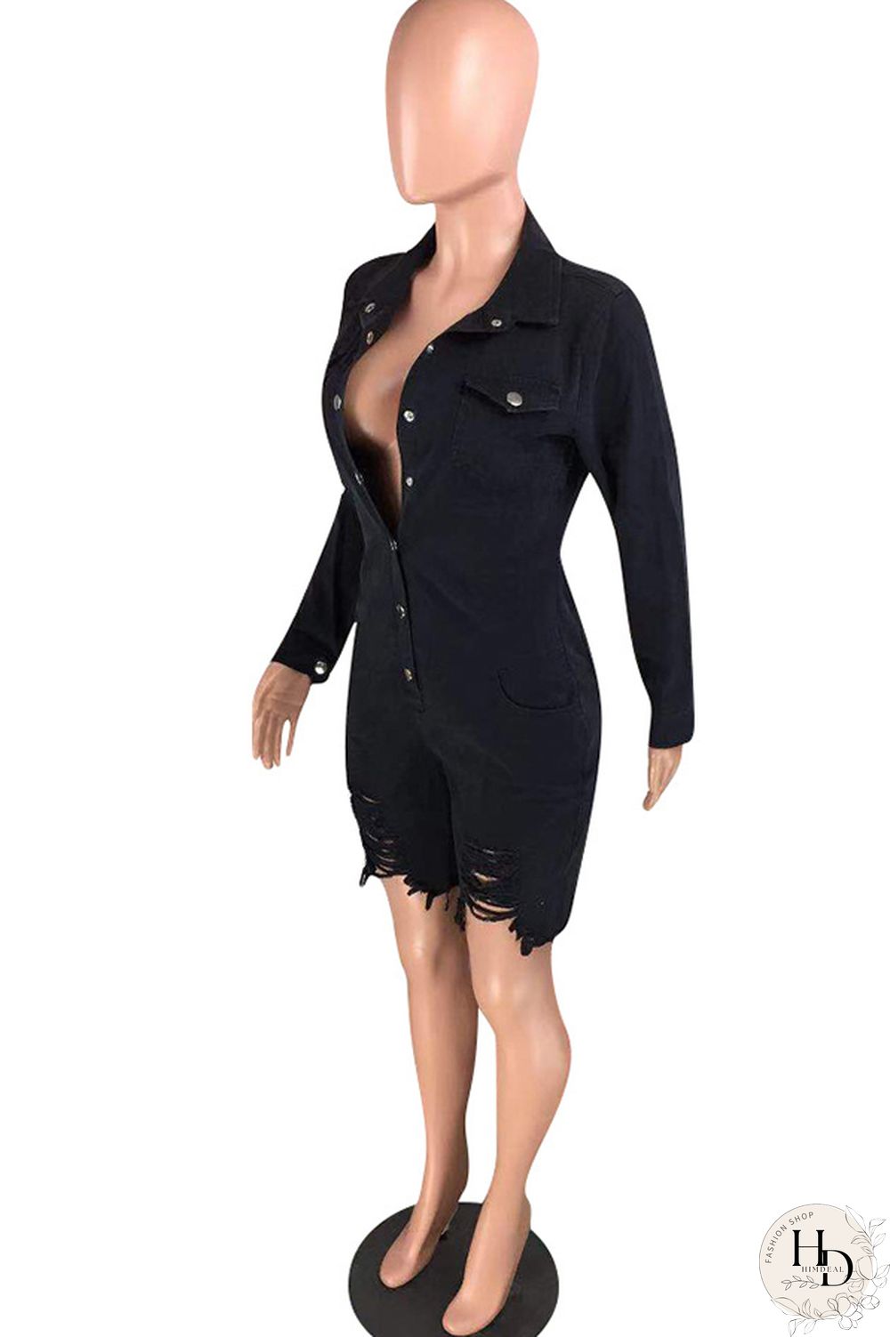 Black Sexy Solid Button washing Cotton Long Sleeve Turndown Collar Rompers