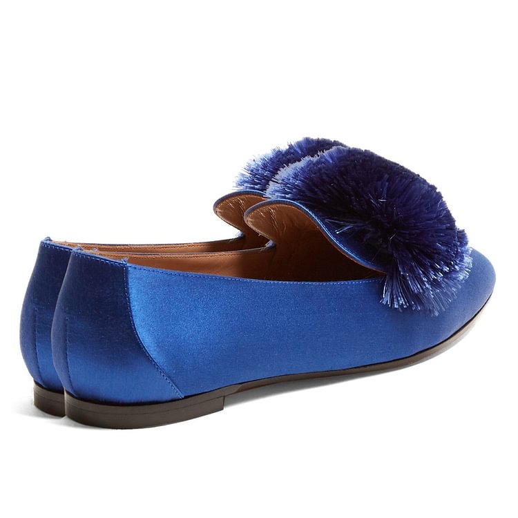 Royal Blue Square Toe Pom Pom Shoes Comfortable Loafers for Women |FSJ Shoes