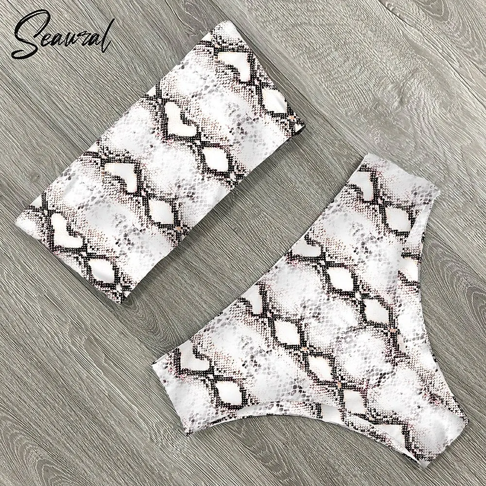 2020 New Sexy Low Hight Bikini Set Swimwear Women Bandeau Female Print Floral Strappy Swimsuit Bathing Suit Beach Wear Biquini