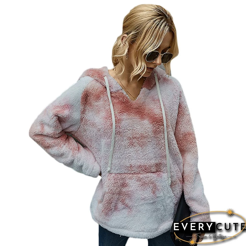 Light Pink Tie Dye Fuzzy Drawstring Hoodie