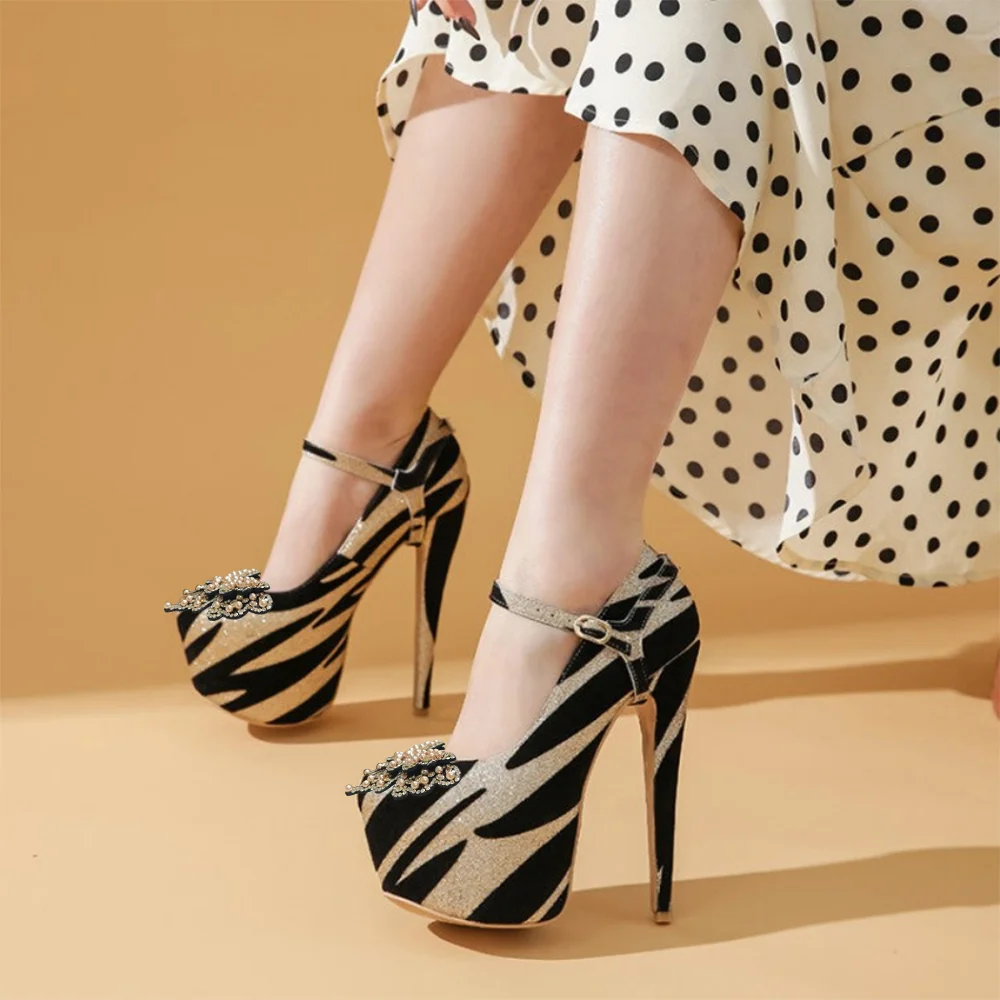 Gold Glitter Striped Pumps With Platform Pointed Toe Ankle Strap Pumps Nicepairs