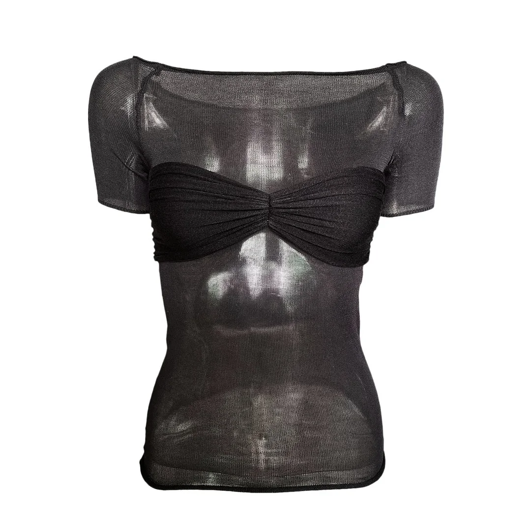 Uveng Spring And Summer Explosion Women's Dress A Word Collar Perspective Short-Sleeved T-Shirt Top