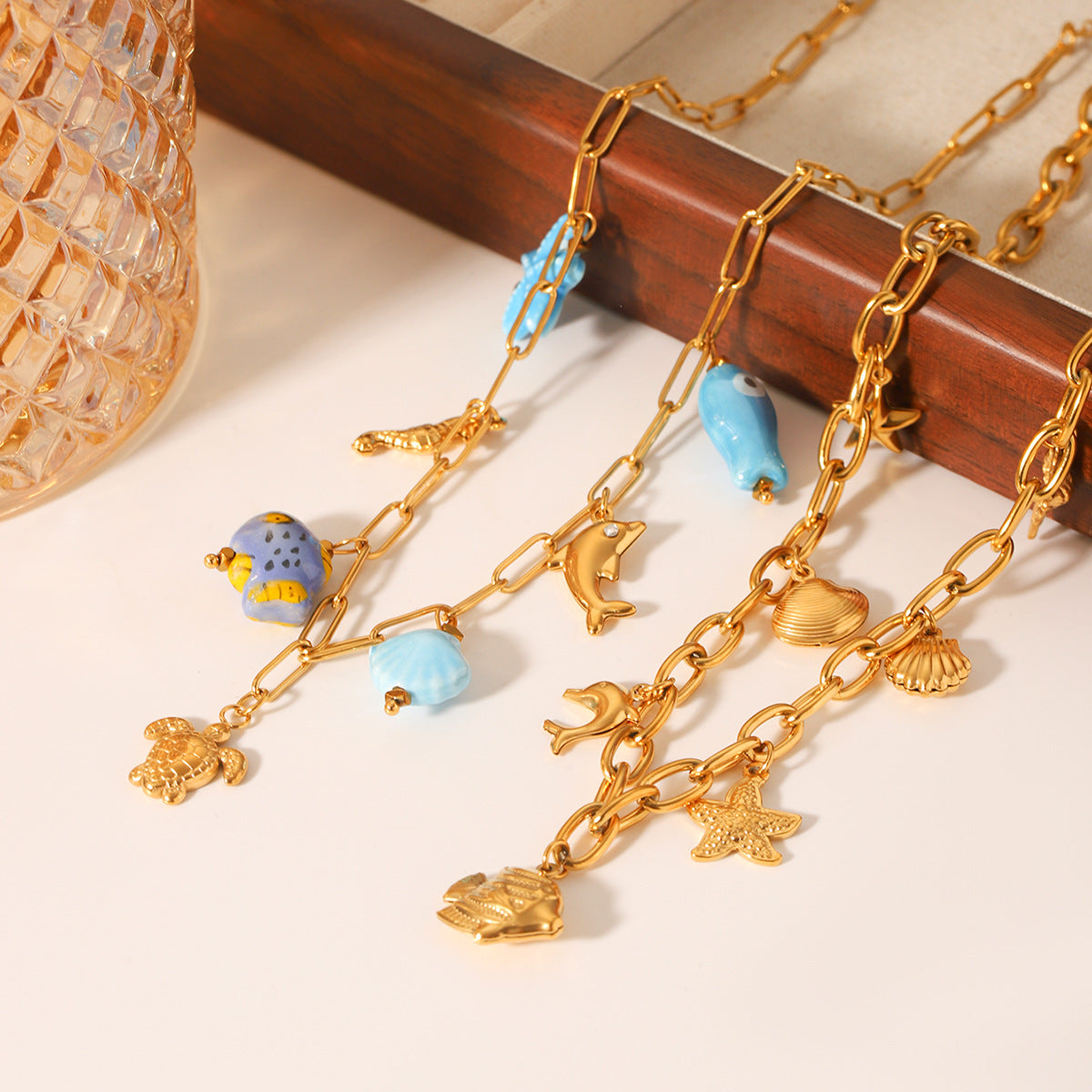 Beach Ocean Style Titanium Steel Necklace Starfish Dolphin Seahorse Shell Stainless Steel Pendant Clavicle Chain For Women