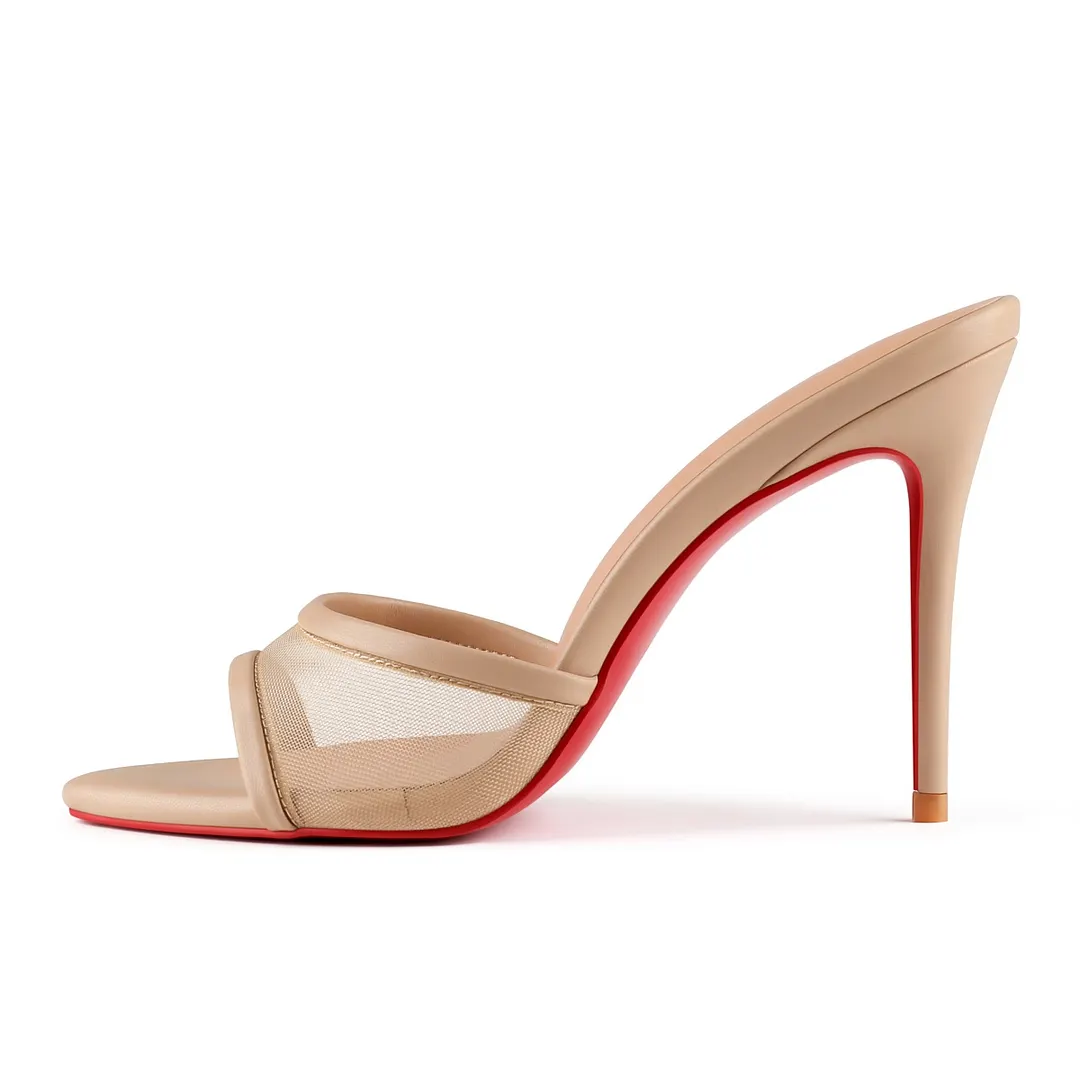 100mm Women's High Heel Red Bottom Sandals, Pointed Toe Open-Toe Mesh Mules with Slip-On Slim Heels