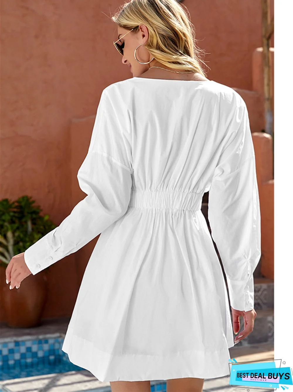 Solid Color V-Neck Design Waist Pleated Shirt Dress